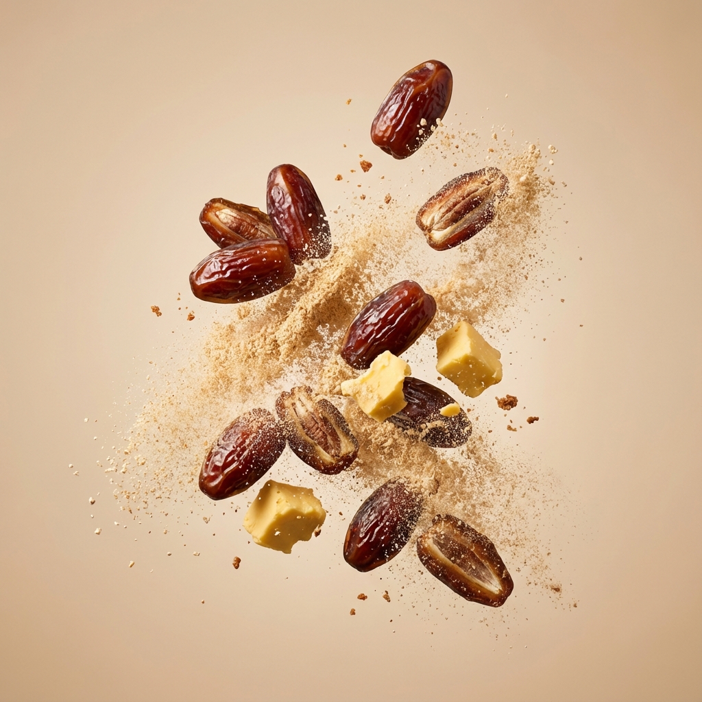 Exploded view of ingredients: Dates, Wheat, Butter